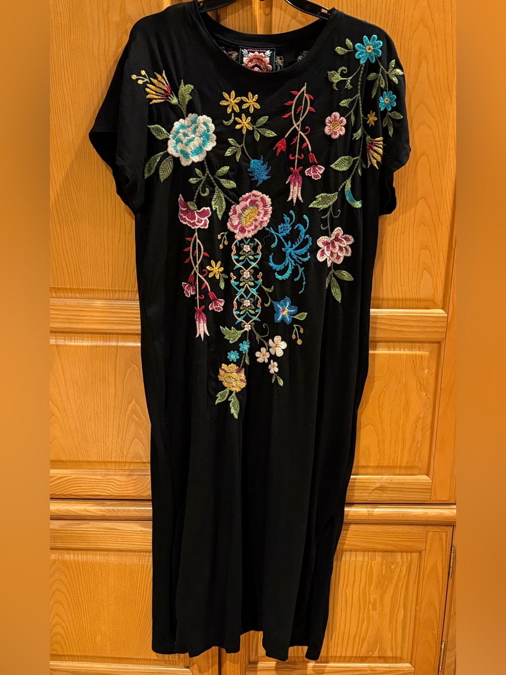 Johnny Was Sheri Midi Dress Black Multi Color Floral Embroidery Size Medium